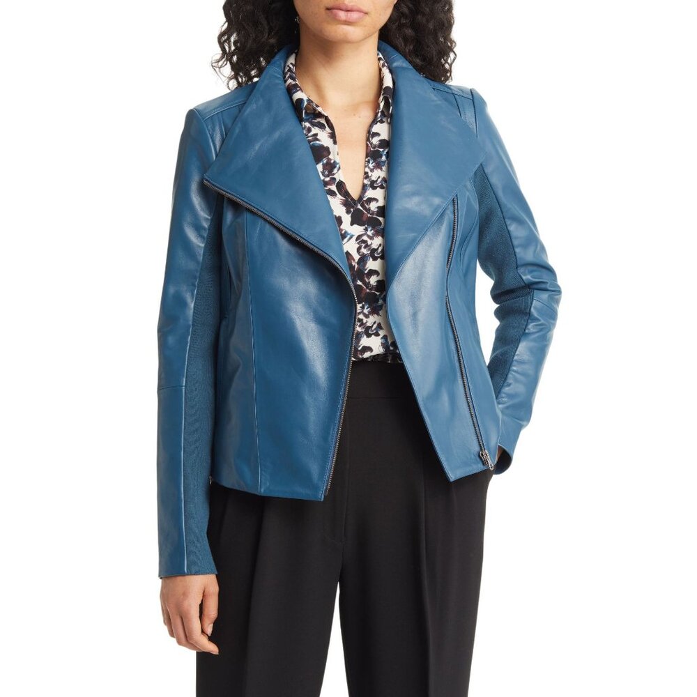 🆕 NORDSTROM Leather Moto Zip Jacket Blue Large (10-12) - Picture 4 of 10